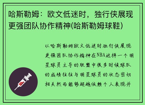 哈斯勒姆：欧文低迷时，独行侠展现更强团队协作精神(哈斯勒姆球鞋)