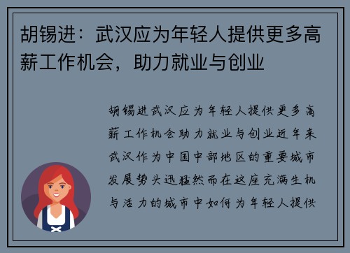 胡锡进：武汉应为年轻人提供更多高薪工作机会，助力就业与创业