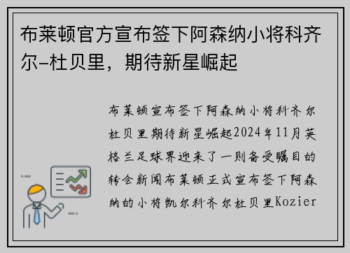 布莱顿官方宣布签下阿森纳小将科齐尔-杜贝里，期待新星崛起