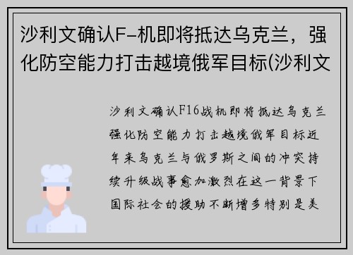 沙利文确认F-机即将抵达乌克兰，强化防空能力打击越境俄军目标(沙利文访问台湾)