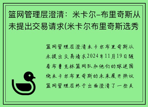 篮网管理层澄清：米卡尔-布里奇斯从未提出交易请求(米卡尔布里奇斯选秀报告)