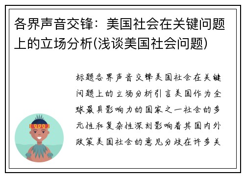 各界声音交锋：美国社会在关键问题上的立场分析(浅谈美国社会问题)