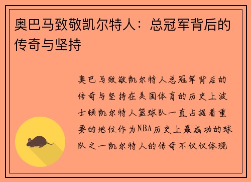 奥巴马致敬凯尔特人：总冠军背后的传奇与坚持