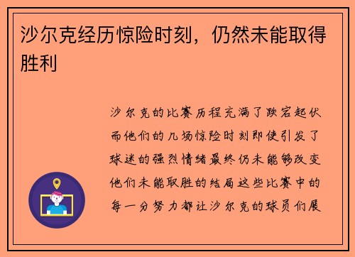 沙尔克经历惊险时刻，仍然未能取得胜利