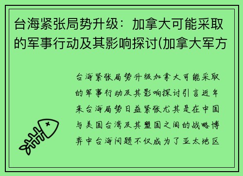 台海紧张局势升级：加拿大可能采取的军事行动及其影响探讨(加拿大军方)