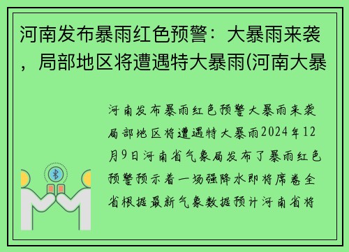 河南发布暴雨红色预警：大暴雨来袭，局部地区将遭遇特大暴雨(河南大暴雨有预报吗)
